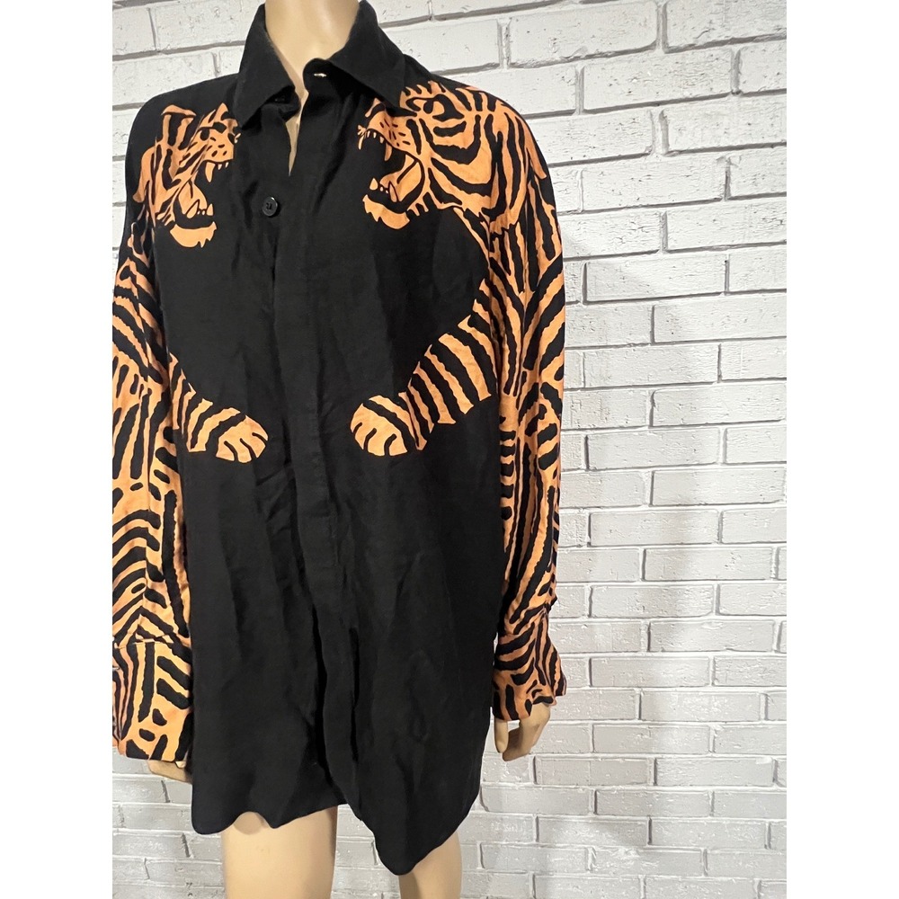 Farm Rio Black Orange Tiger Graphic Oversized Button Down Shirt Womens | Small - Picture 5 of 14